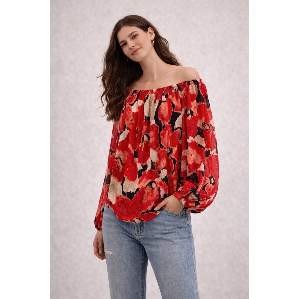 White House Black Market WHBM Red Floral Off Shoulder Blouse Small Long Sleeve